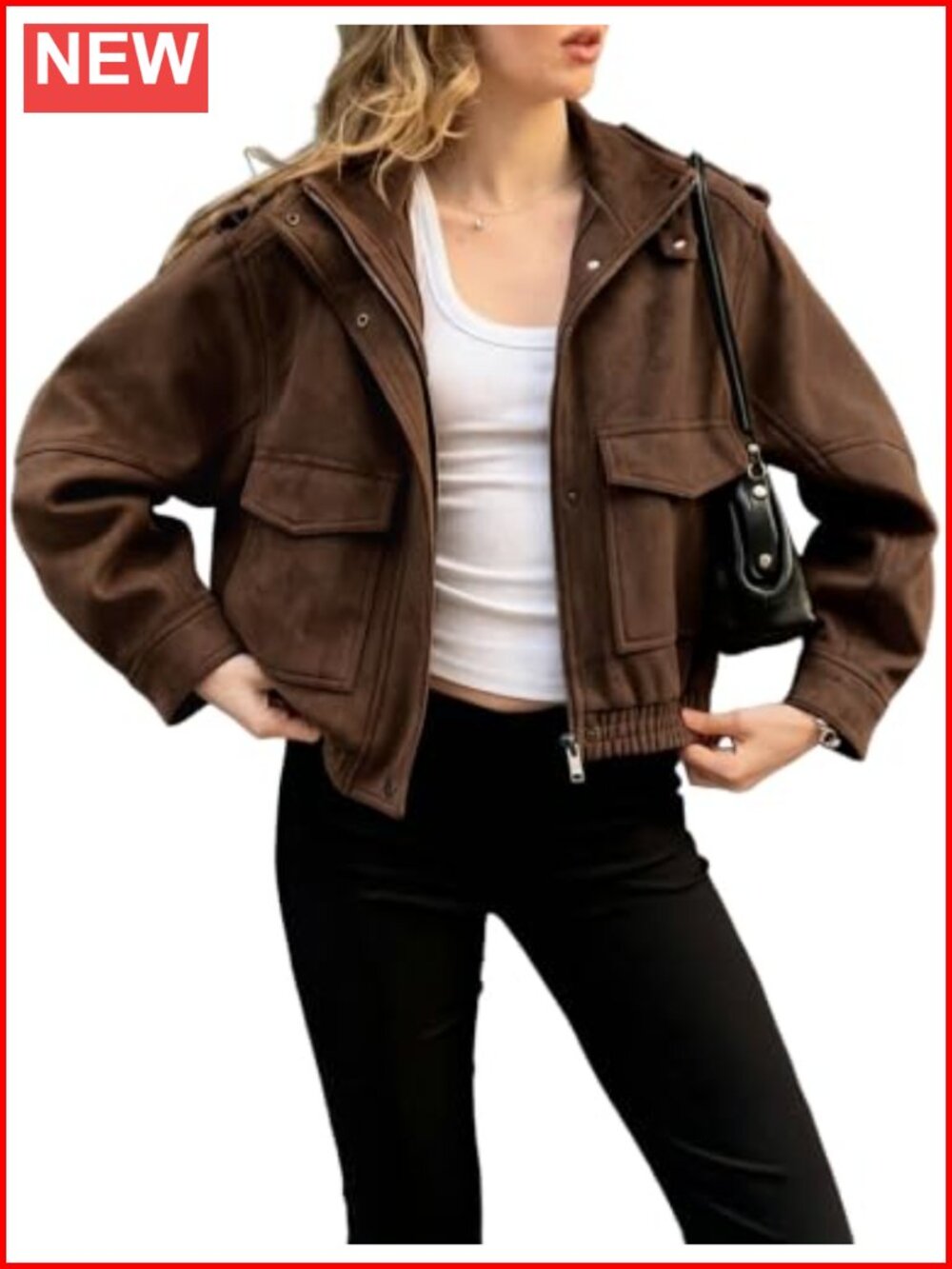 Women's Cropped Oversized Faux Suede Bomber Jacket Zip Flap Pockets